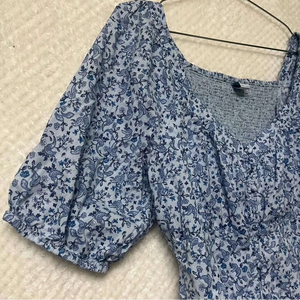Old Navy Blue Floral Paisley Blouse Short Sleeves Cotton Blend Large